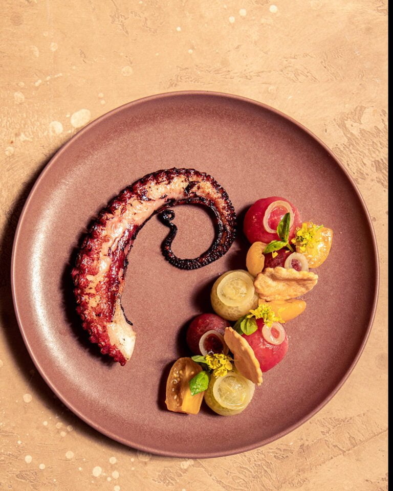 Poulpe dressé sur assiette, photographie culinaire de restaurant